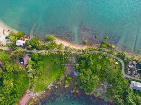 Photo for Aerial view sea beach wave white sand beach with green trees forest summer vacation background - Royalty Free Image