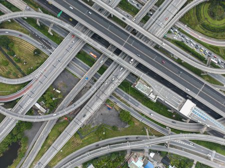 Photo for Aerial view city junction road with vehicle movement transport industry - Royalty Free Image