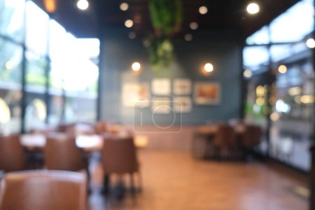 Téléchargez les photos : Abstact brouillé restaurant intérieur café plancher en bois avec fenêtre nourriture et boisson fond - en image libre de droit