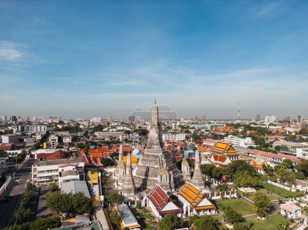 Photo for Aerial view Pagoda at Wat Arun or Temple of dawn a tourist landmark near Chao Phra Ya river in Bangkok Thailand. - Royalty Free Image