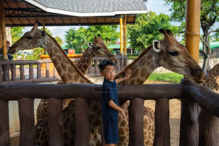Téléchargez les photos : Asiatique maternelle garçon profiter avec girafe dans zoo heureux enfant avec animal - en image libre de droit