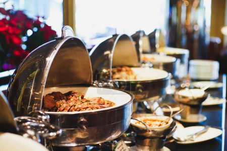 Photo for People seminar group hand grab buffet food in restaurant after seminar hotel room - Royalty Free Image