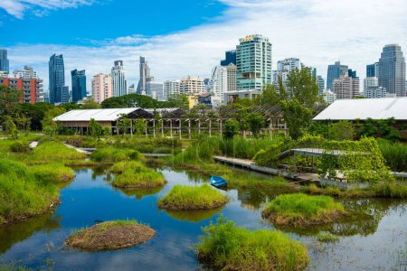 Téléchargez les photos : Paysage urbain d'immeuble de bureaux moderne avec forêt tropicale ciel bleu avec nuage Benchakitti city park Bangkok Thaïlande - en image libre de droit