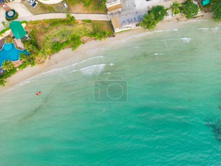 Photo for Tropical sandy beach rain forest island and turquoise ocean from above. Aerial view summer nature landscape. - Royalty Free Image