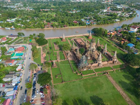 Photo for Aerial view sunset at Wat Chaiwatthanaram history travel place green grass park famous ruin temple with Chao Phraya river in Ayutthaya, Thailand - Royalty Free Image