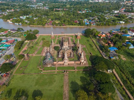 Photo for Aerial view sunset at Wat Chaiwatthanaram history travel place green grass park famous ruin temple with Chao Phraya river in Ayutthaya, Thailand - Royalty Free Image
