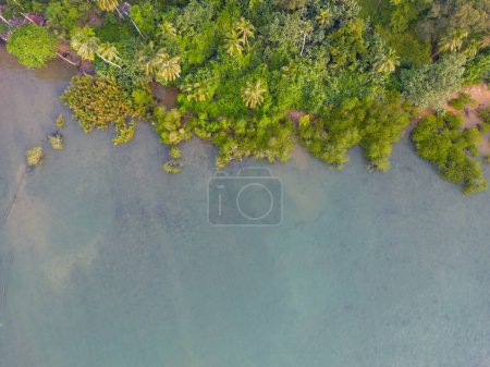 Foto de Playa tropical arenosa isla de selva tropical y océano turquesa desde arriba. Vista aérea verano naturaleza paisaje. - Imagen libre de derechos