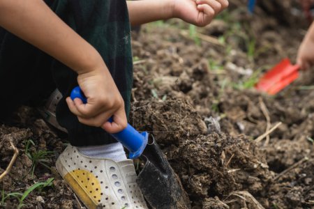 Téléchargez les photos : Jardin d'enfants garçon plantation graines sur le sol activité de plein air garçon heureux nature apprendre - en image libre de droit
