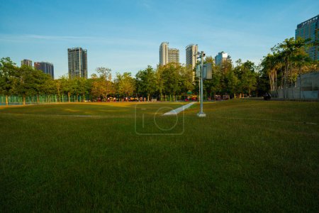 Foto de Parque de la ciudad con césped verde prado al atardecer con cielo nocturno con nubes, paisaje natural - Imagen libre de derechos