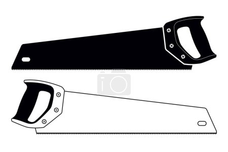 Hand Saw Silhouette and Outline. Vector Hacksaw Isolated Illustration. Carpenter Tool, Wood Cutting Equipment