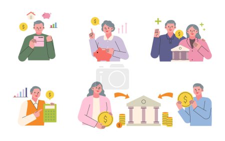 Illustration for People who are collecting assets to prepare for retirement. Bank deposits and wealth management. - Royalty Free Image