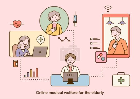 Téléchargez les illustrations : Les patients âgés reçoivent un traitement en ligne en face-à-face. Un médecin travaillant sur un ordinateur et un patient sur l'écran connecté à lui. schéma illustration vectorielle simple. - en licence libre de droit