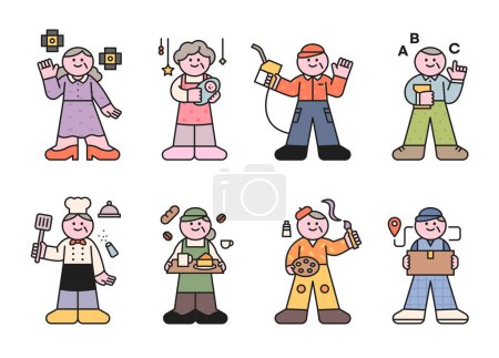  Small and cute characters. Collection of people in uniforms for seniors job welfare. outline simple vector illustration.