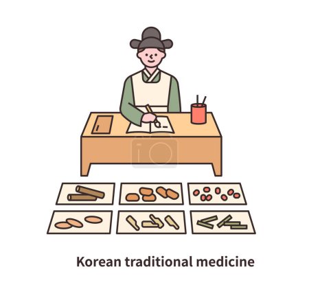 Ilustración de Un médico de la dinastía Joseon está escribiendo una receta para un paciente. Hay varias hierbas medicinales frente a él.. - Imagen libre de derechos