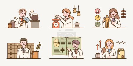 Illustration for Asian traditional doctors. Doctors are preparing or explaining medicine. Upper body characters giving explanations. - Royalty Free Image