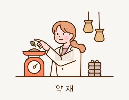 Ilustración de Un médico tradicional coreano está pesando medicinas a base de hierbas en una balanza. Ella tiene su bolsa de hierbas a su lado. - Imagen libre de derechos