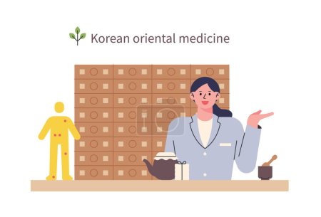 Illustration for An oriental doctor is giving an explanation at the oriental clinic. She has a drawer with medicinal herbs behind her and a tool for making herbal medicines in front. - Royalty Free Image