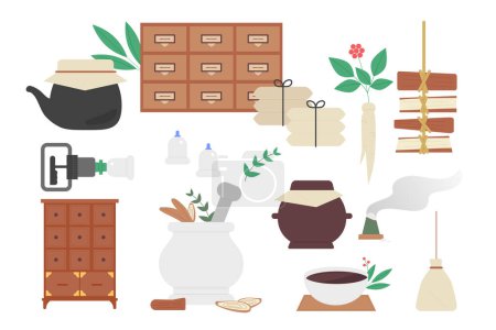 Tools and medical supplies for oriental medicine making. flat vector illustration.