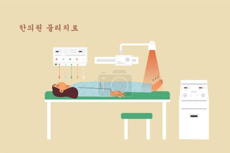 Ilustración de Un paciente está recibiendo fisioterapia mientras está acostado en una cama en un hospital oriental. - Imagen libre de derechos