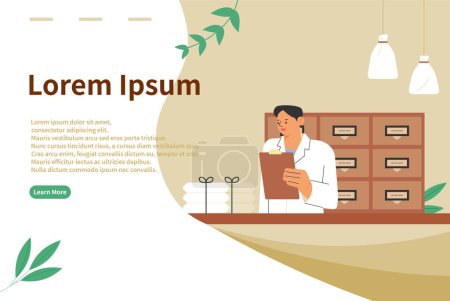 Ilustración de Sitio web de la clínica. Un médico oriental está revisando los medicamentos delante de una cómoda. - Imagen libre de derechos