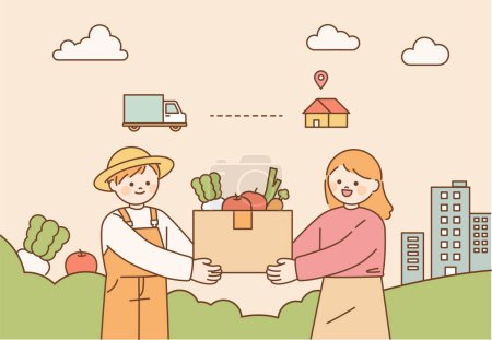 Illustration for A rural farmer delivers local food directly to an urban customer. - Royalty Free Image