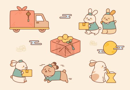 Cute rabbit deliveryman characters. They are delivering traditional Korean gift boxes.