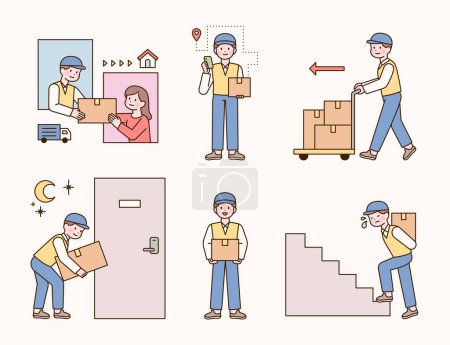 Illustration for Courier delivery man's day. shipping to customers. - Royalty Free Image