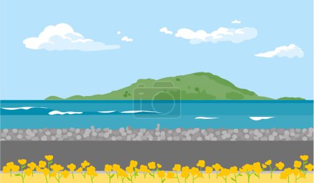 Téléchargez les illustrations : Une route tranquille au bord de la mer avec des fleurs de canola. Une île peut être vue au loin. - en licence libre de droit