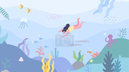in the beautiful sea. A diver is traveling underwater. Various marine creatures in the sea.