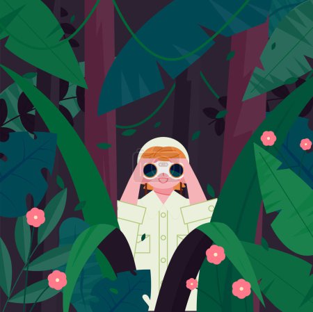Illustration for An explorer is observing through a telescope in a lush forest. - Royalty Free Image