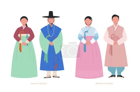 Téléchargez les illustrations : Hanbok de la dynastie Joseon et Hanbok moderne. illustration vectorielle dessinée à la main. - en licence libre de droit