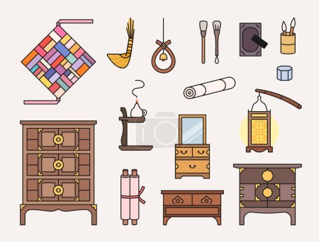 Ilustración de Muebles antiguos de Corea y diversas necesidades diarias. Y cosas afortunadas. esquema ilustración simple vector. - Imagen libre de derechos