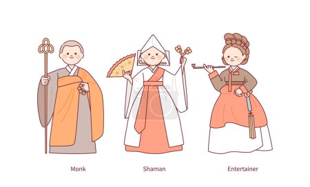 Téléchargez les illustrations : Costumes de Joseon, un vieux pays de Corée. Un moine, une jeune fille du sanctuaire et un personnage amusant. schéma illustration vectorielle simple. - en licence libre de droit