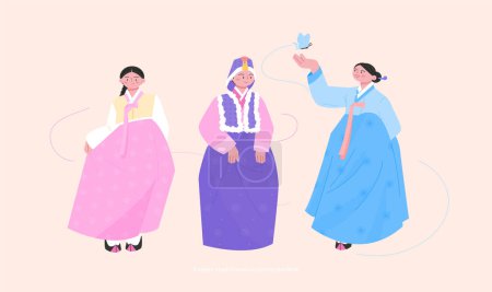 Téléchargez les illustrations : Costumes de la dynastie Joseon. Différents styles de hanbok féminin. illustration vectorielle dessinée à la main. - en licence libre de droit
