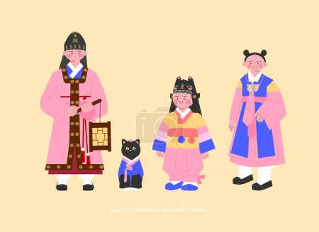 Ilustración de Trajes de la dinastía Joseon. Lindos niños usando varios hanbok. ilustración vectorial dibujado a mano. - Imagen libre de derechos