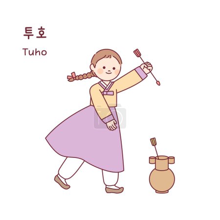 Téléchargez les illustrations : Jeu traditionnel coréen. Une fille portant un hanbok joue à lancer une flèche dans un bocal. - en licence libre de droit