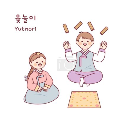 Téléchargez les illustrations : Jeu traditionnel coréen. Deux amis portant hanbok jouent à Yutnori, un jeu traditionnel. - en licence libre de droit