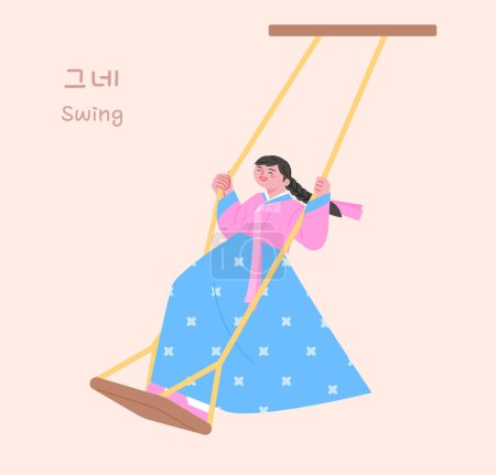 korean traditional play. A girl wearing a hanbok is riding on a swing.