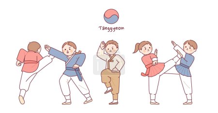 Téléchargez les illustrations : Arts martiaux traditionnels coréens. Personnages mignons pratiquant Taekkyeon. - en licence libre de droit