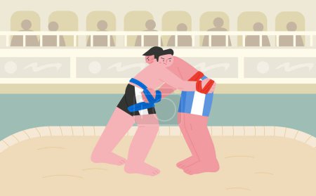 Illustration for Korean traditional martial arts. Two wrestlers are ssireum on the sand. - Royalty Free Image