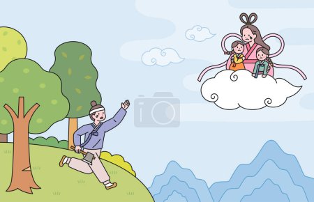 Un cuento de hadas sobre el hada y el leñador. Un hada montando una nube con sus hijos y un leñador siguiéndolos.