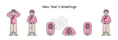 Korean traditional greeting. Step-by-step explanation of how to greet the New Year. Cute boywearing hanbok.
