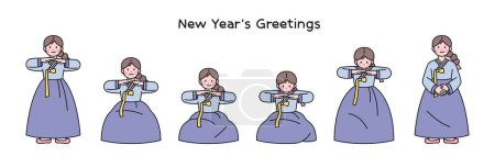 Korean traditional greeting. Step-by-step explanation of how to greet the New Year. Cute girl wearing hanbok.