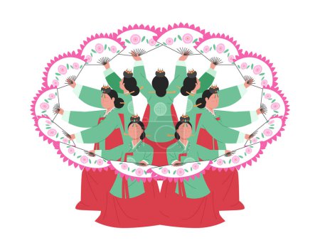 Illustration for Korean traditional dance. Women wearing hanbok are dancing while making circles with fans. - Royalty Free Image