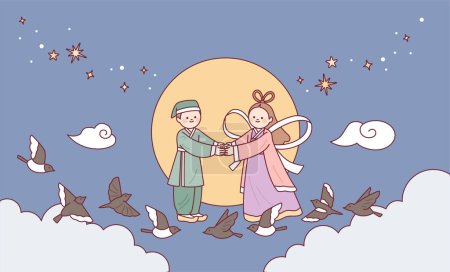 Korean traditional fairy tale. A couple to meet on July 7th, and magpies and crows helping the couple.
