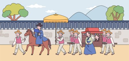 Illustration for Korean traditional wedding scene. The groom is riding a horse and the bride is riding a palanquin. - Royalty Free Image