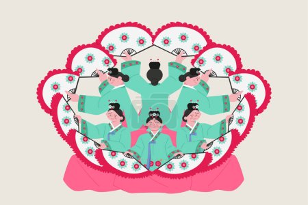 Téléchargez les illustrations : Danse traditionnelle coréenne. Les femmes portant un hanbok dansent en cercle avec un ventilateur. - en licence libre de droit