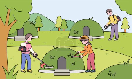 Illustration for At the cemetery in nature, the bereaved family is trimming the grass on the grave. - Royalty Free Image