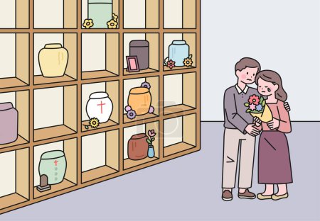 Illustration for A man and a woman mourn with flowers in a memorial house with a cremation urn. - Royalty Free Image