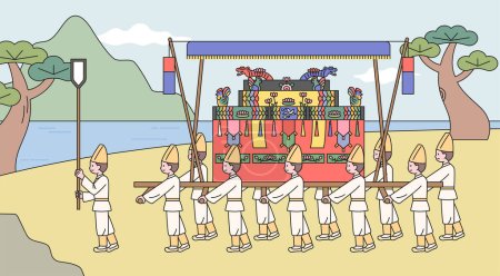 Illustration for Korean traditional hearse procession. Many people are marching with ornately decorated funeral palanquins. - Royalty Free Image